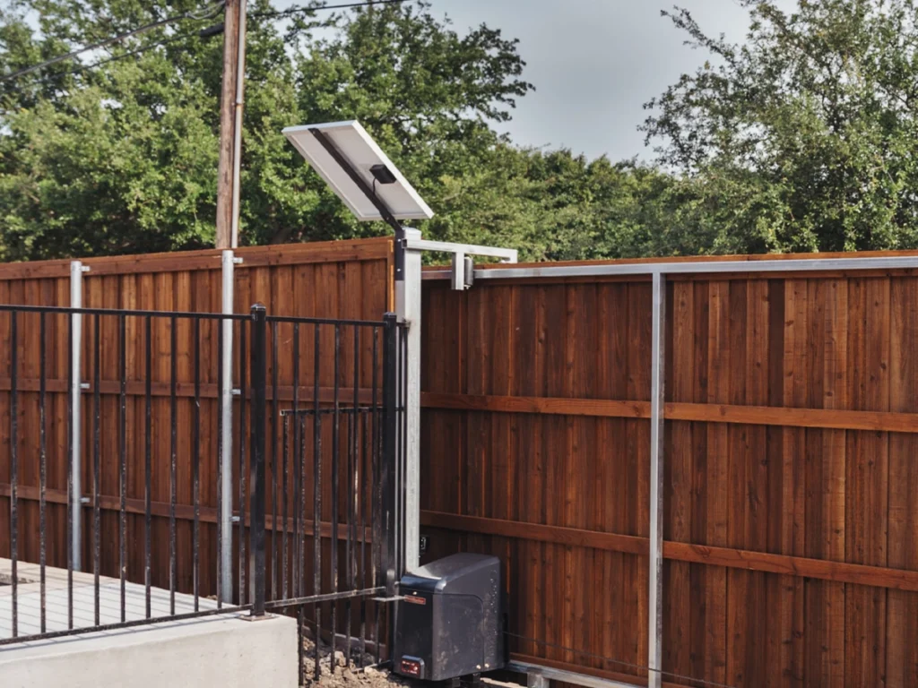 Solar panel gate installation in Plano by Everlast Gates & Fence