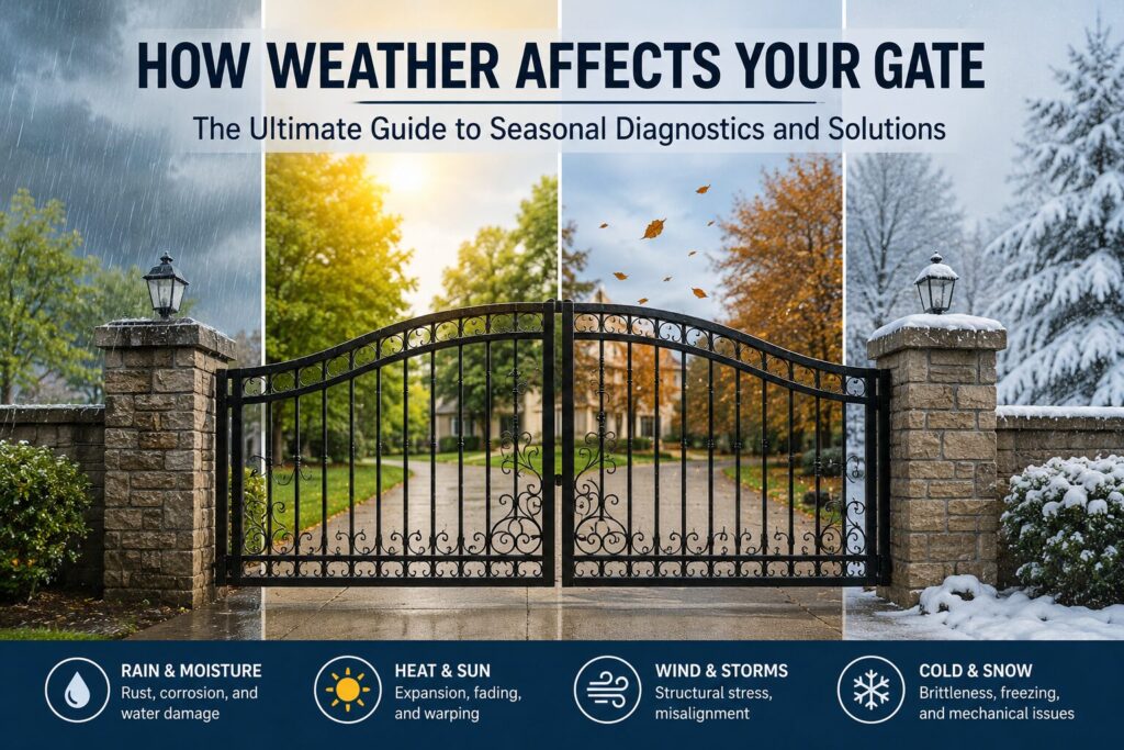 Four-panel collage of a black wrought-iron gate on a stone entrance, illustrating weather effects across the seasons (rain, sun, falling leaves, snow).