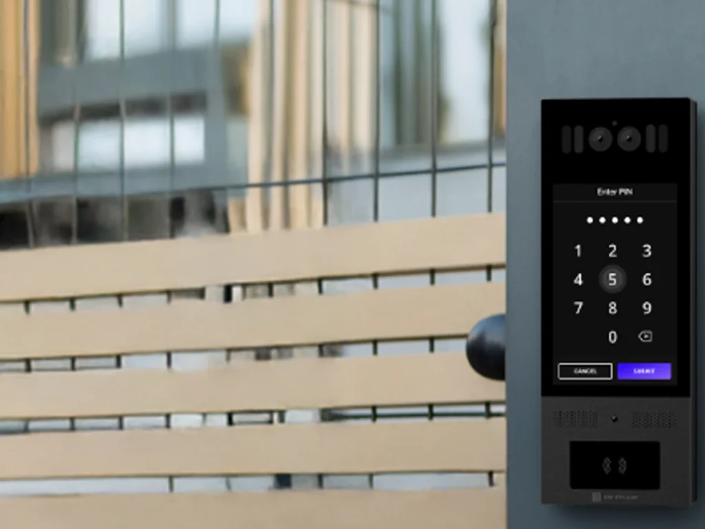 Modern call entry gate technology managing secure business access at a commercial property