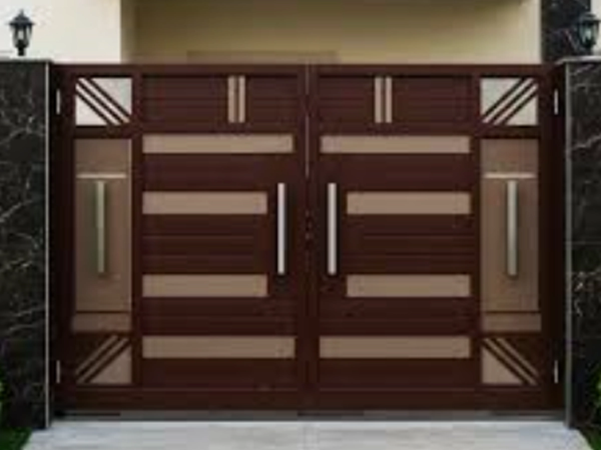 Modern wood gate with horizontal cedar boards and a clean residential entrance design