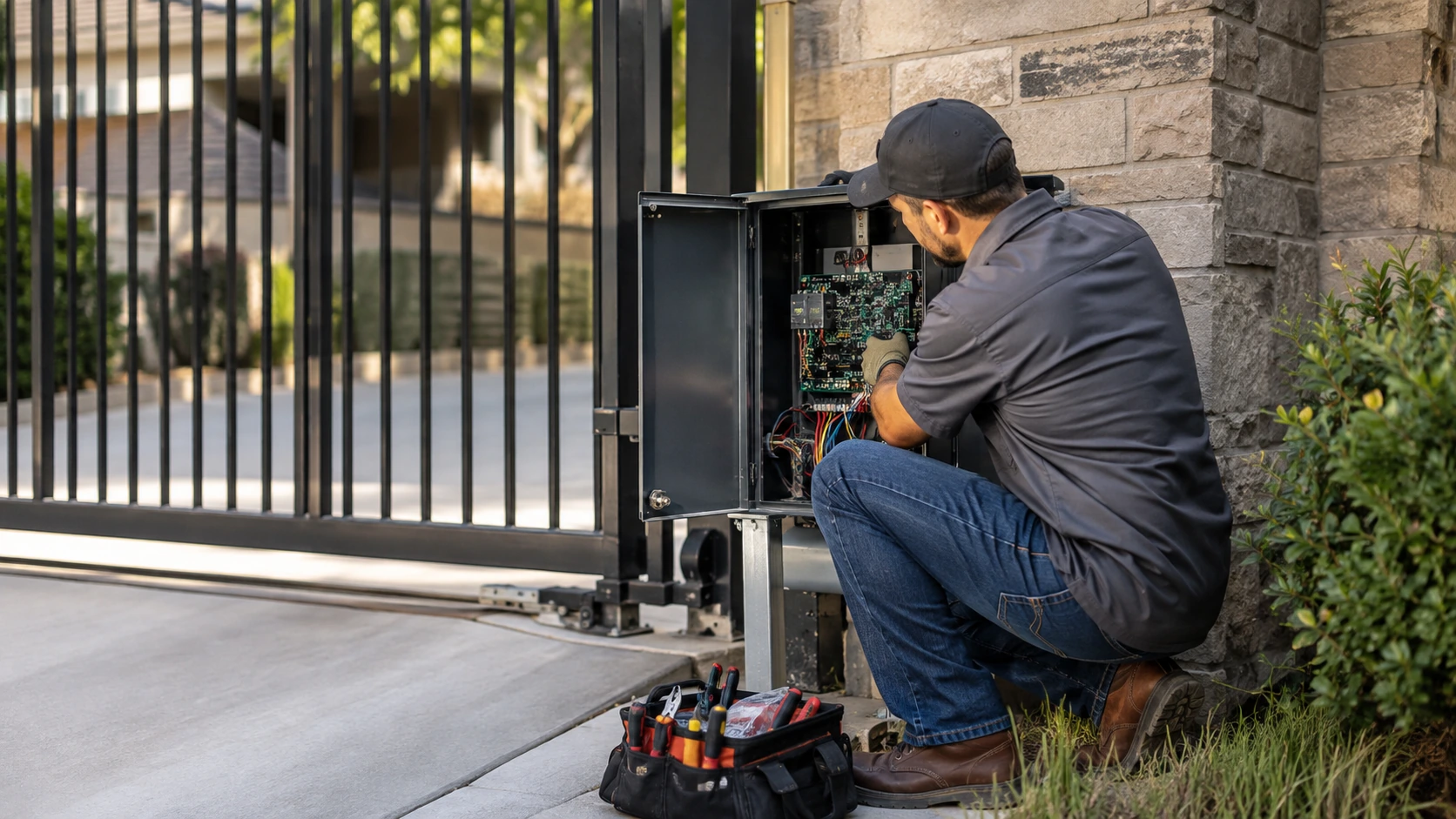 Technician inspecting an automatic gate opener and control system
