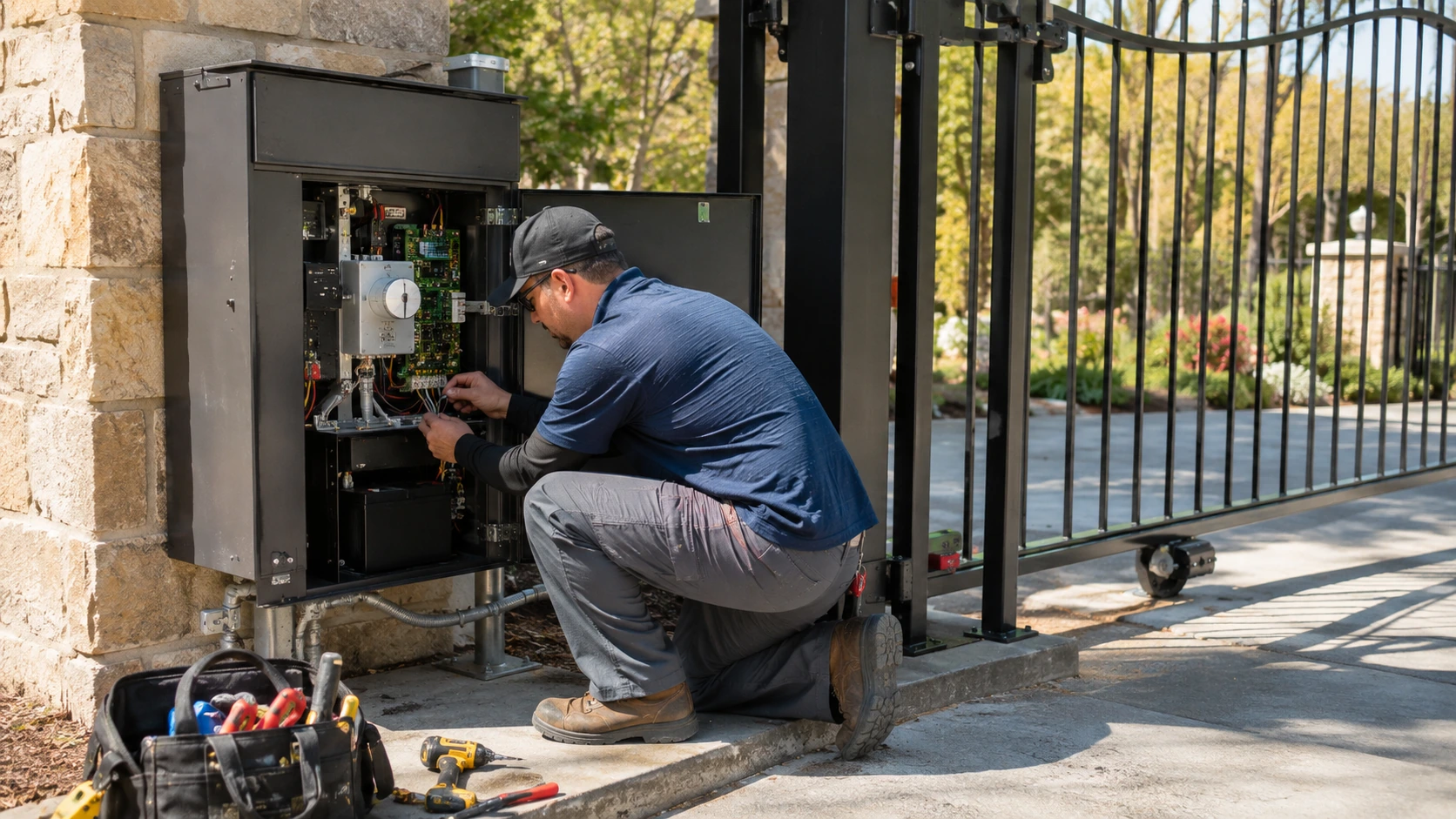 Technician inspecting an automatic gate operator