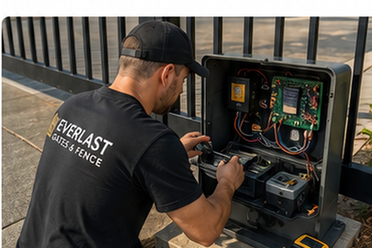 Technician diagnosing an automatic gate control board in Frisco TX