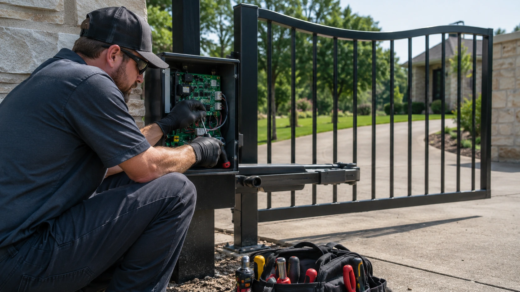 Technician inspecting an automatic gate opener and control system