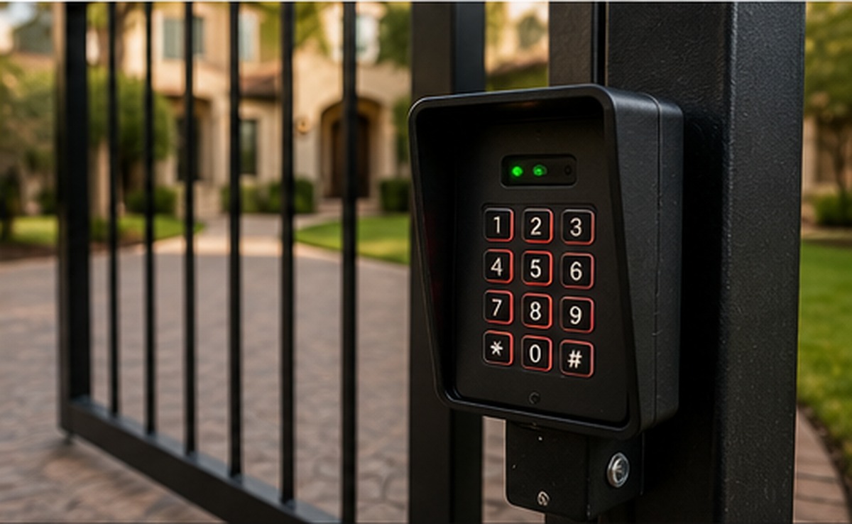Keypad access control installed with a custom residential gate in Fort Worth TX