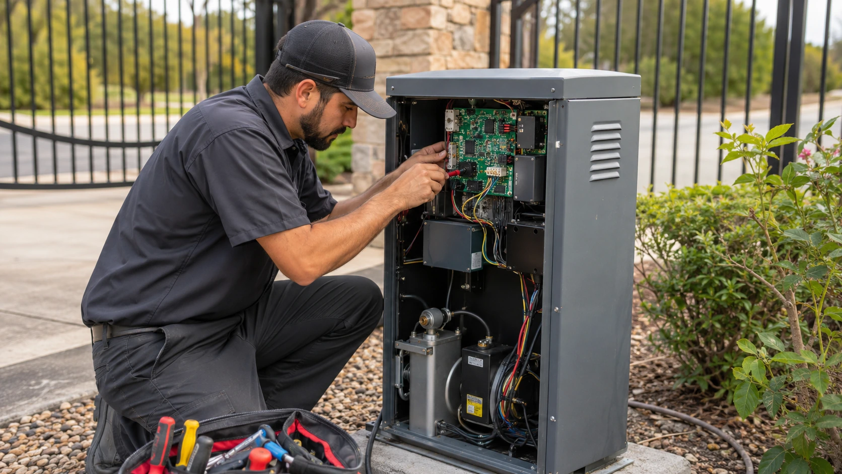 Technician inspecting an automatic DoorKing gate opener system