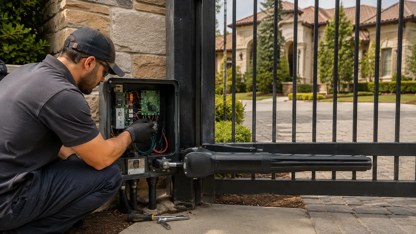 Technician inspecting an automatic gate opener system