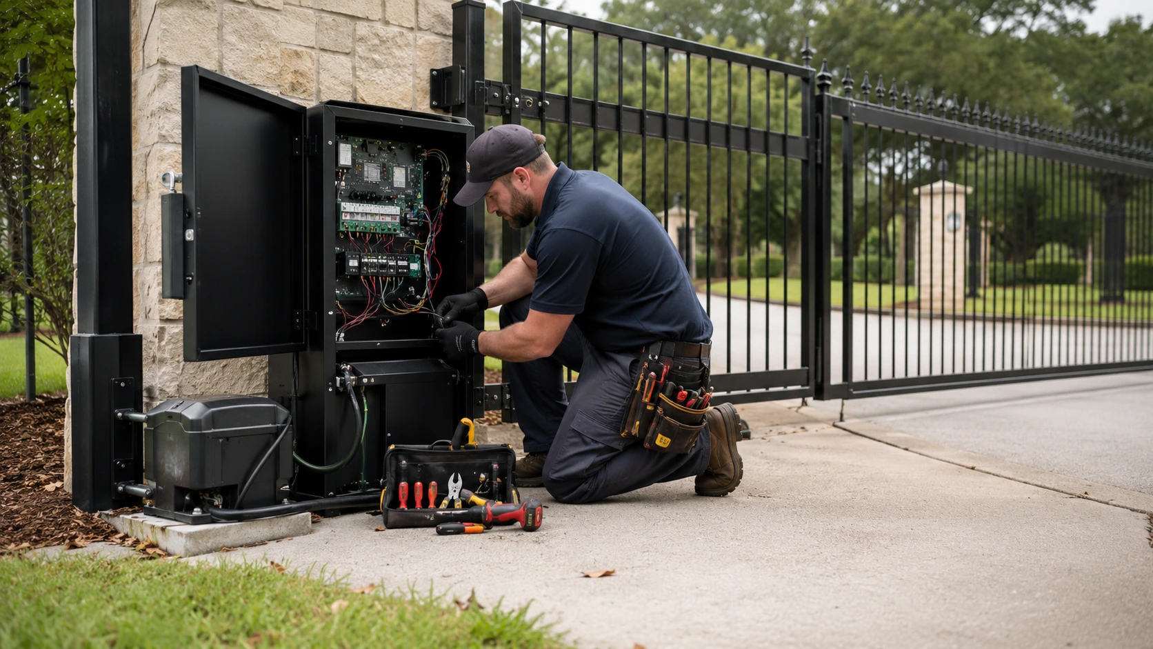 Technician inspecting an automatic gate operator system