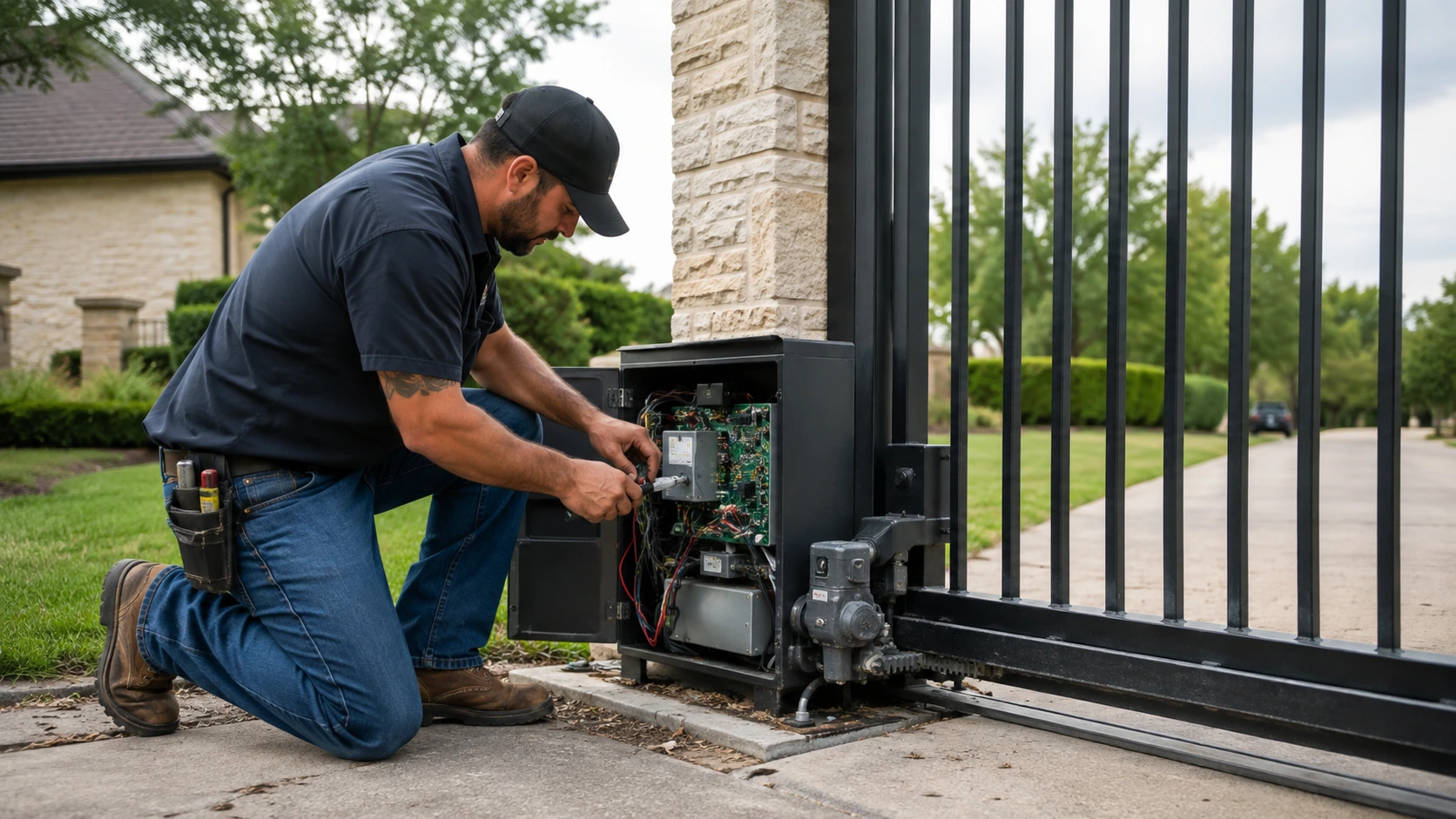 Technician inspecting an automatic gate opener and control system