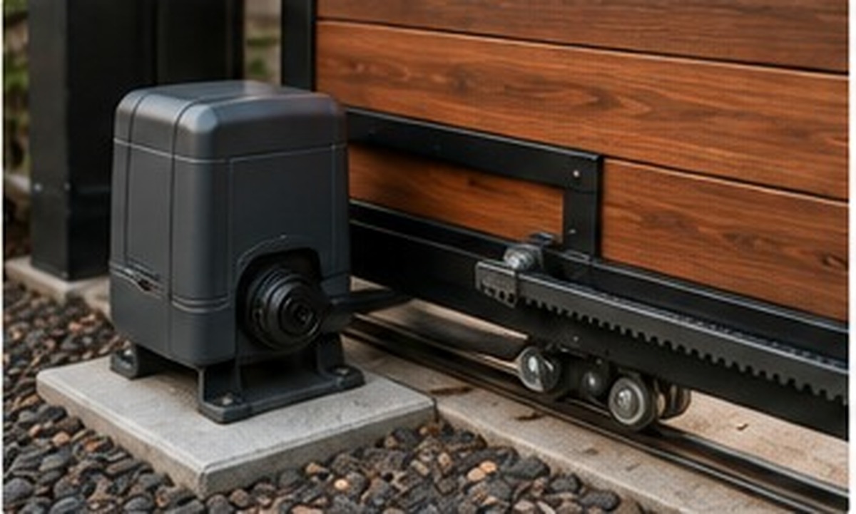 Automatic sliding gate track rollers and operator for a wood driveway gate in Dallas TX
