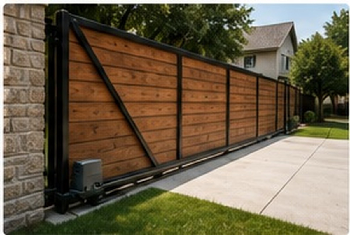 Wood sliding gate with black steel frame installation in Dallas TX
